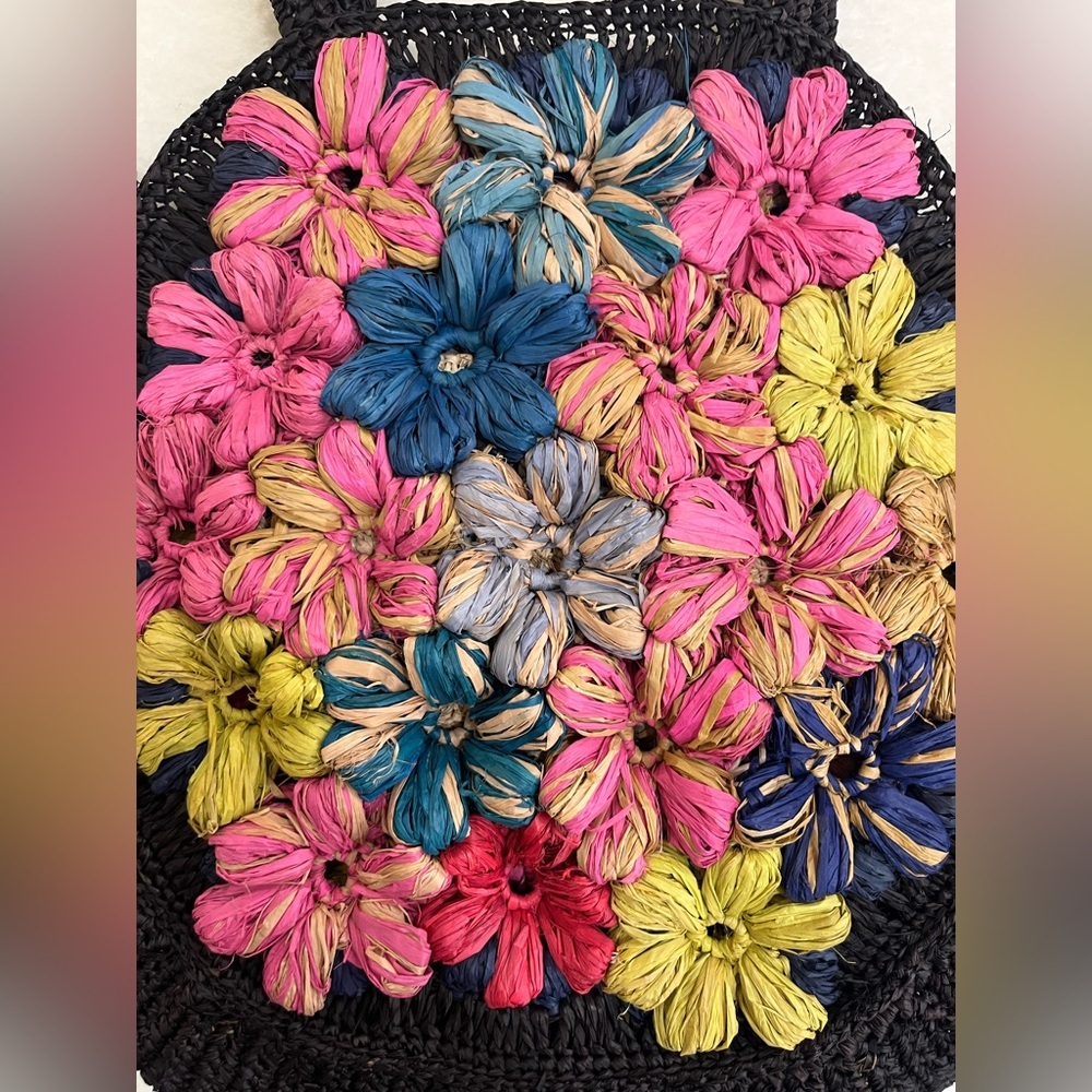 Handmade Raffia Floral Crochet Round Handbag - Picture 4 of 12